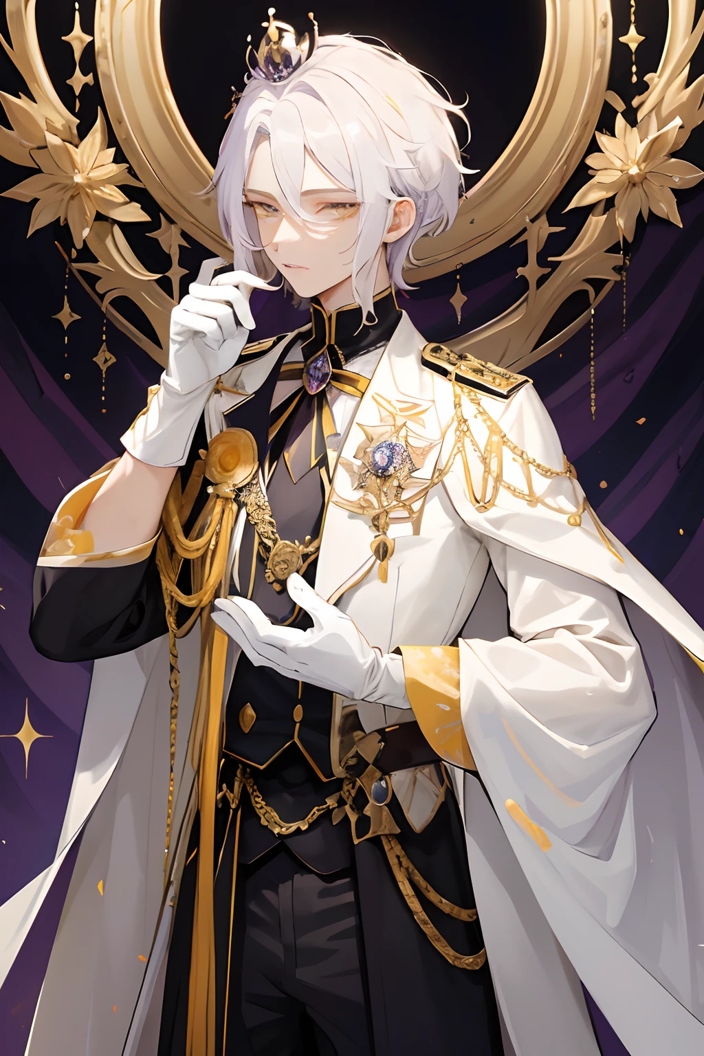 prinz,Young men,male,1boy,mature male,manly,Purple blood,Yellow decoration,citrine,Pedras preciosas,shine,sparkling,Depict the delicate eye,Opal eyes,Depicts delicate facial features,white uniform,Maximalism,Sophisticated design,White gloves,goth style,Gorgeous aristocratic dress,Purple blood,ribbon,Crown of Thorns,white color hair,extreme hight detail,Delicate depiction,orange eyes,All colors except yellow are low-saturation,Only yellow is the most conspicuous,royal house,ellegance,Honorable,royal robe