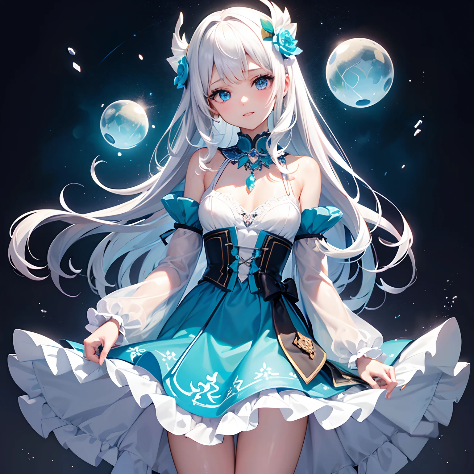 (frilld),(frilld),Beautiful detailed girl with blue eyes and beautiful detailed face with blue long hair and white flower necklace, perfect detail, Extremely delicate and beautiful, Whole body, Girls Front, focus on girl, Head tilt, beautiful detailed fullbody, Petite, 1 girl, Young girls, , Curly hair, Air bangs, Beautiful and detailed rune tails, Hair intake, Beautiful white hair, beautiful detailed hair, Beautiful face, grin, lovely big eyes, Perfect hands, (small tits), (tiny chest),Same as, zettai ryouiki, Hair and clothes are flowers, white hair ornament, (Beautiful detailed flowers), (Long Ruffle Dresses), Clear and turquoise sky, (Lots of big colorful bubbles), Wallpaper 8k CG, hyper quality, Extremely detailed,