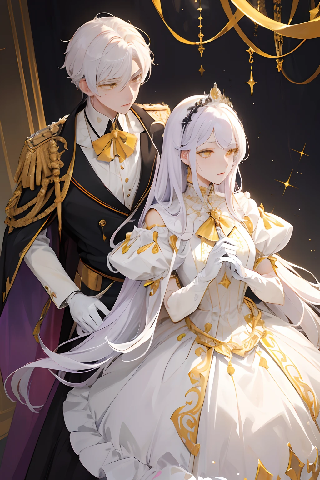 prinz，Young men，male，1boy，mature male，manly，Purple blood，Yellow decoration，citrine，Pedras preciosas，shine，sparkling，Depict the delicate eye，Opal eyes，Depicts delicate facial features，white uniform，Maximalism，Sophisticated design，White gloves，goth style，Gorgeous aristocratic dress，Purple blood，ribbon，Crown of Thorns，white color hair，extreme hight detail，Delicate depiction，orange eyes，All colors except yellow are low-saturation，Only yellow is the most conspicuous，royal house，ellegance，Honorable，royal robe
