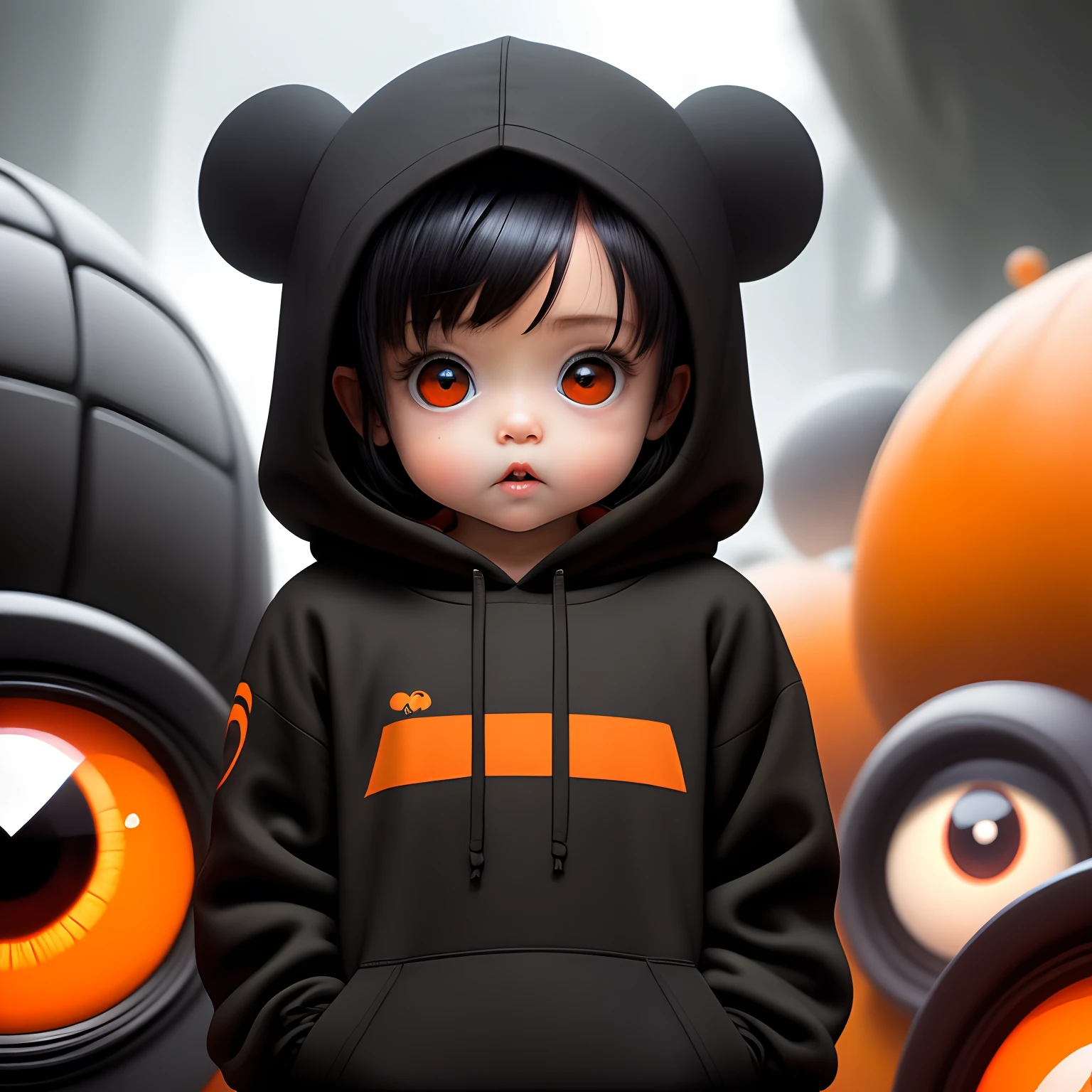  in orange hoodie, with big eyes and orange eye balls, black hair