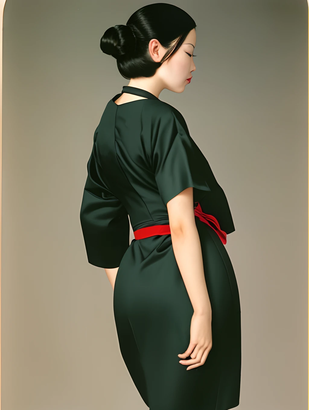 Woman wearing a Japanese-style verte dress, from behind showing her fleshy buttocks and revealing her lips