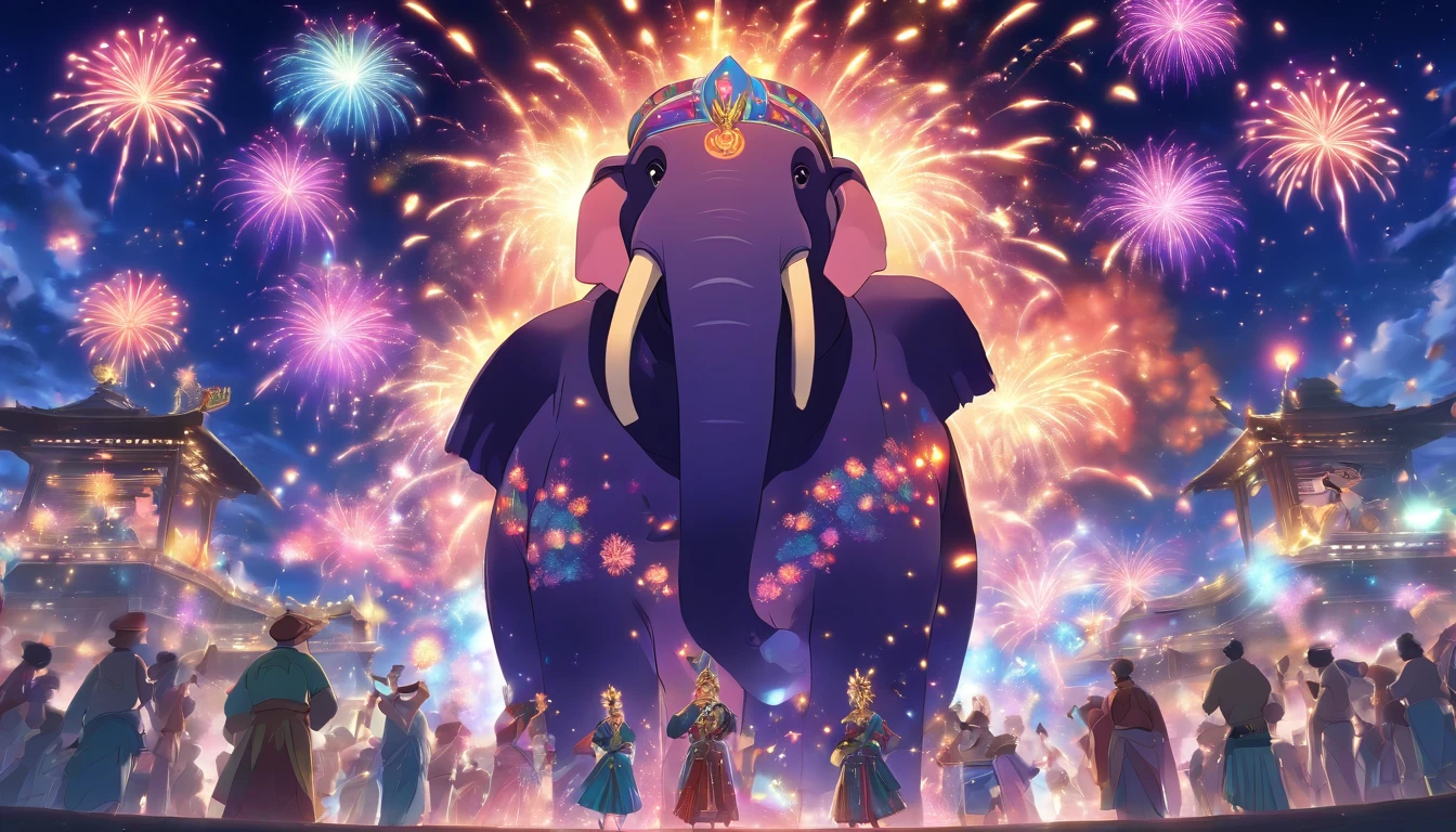 Spectacular fireworks display. Fireworks are huge、The Golden Maharaja is in the middle、a person々and elephant flamingos.々Animals are watching fireworks