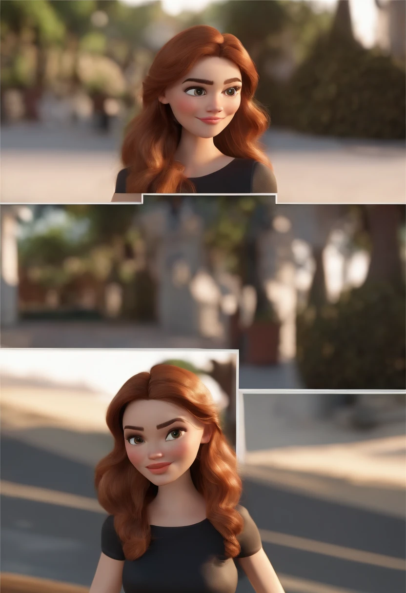 Personagem de desenho animado de garota ruiva, brown eyes, black pants and white tshirt, animation character, Caractere estilizado, menina, Woman medium hair, cabelo liso, animation style rendering, 3D estilizado, Arnold Maya render, 3 d render stylized, toon render keyshot, Personagem 3D, Personagem 3D, 3d rendering stylized, 3 d character render, personagem de desenho animado, Personagem de close up, Pose de personagem, (Estilo Pixar) (master part:1.2) (Bokeh) (melhor qualidade) (pele detalhada) (textura detalhada) (8k) (argila) (Cinematic lighting) (foco nítido