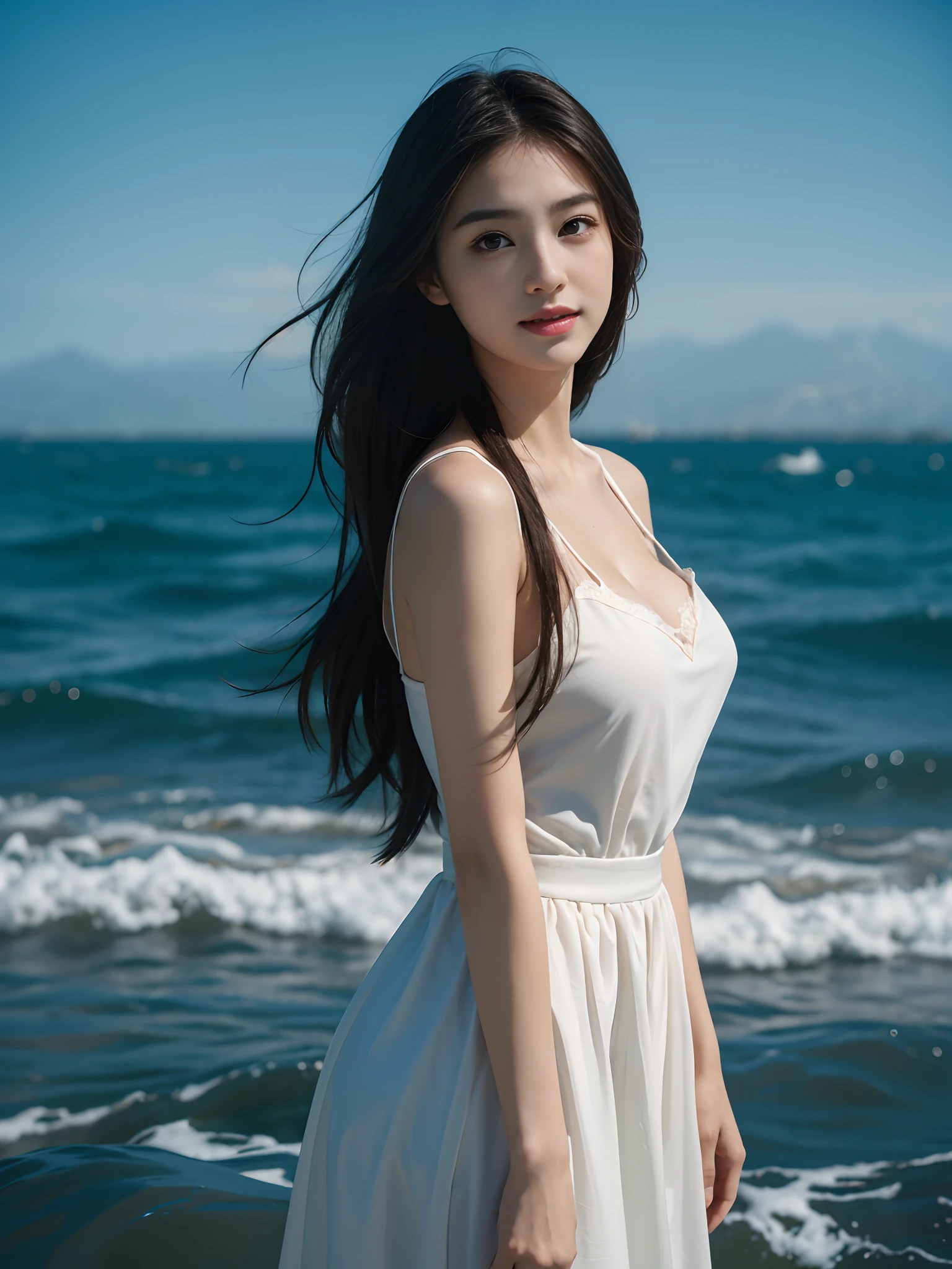 best qualtiy，tmasterpiece，超高分辨率，（真实感：1.4），RAW photogr，1girll，long whitr hair，Face Highlighting，Pure，Girly，Flushing，18yr old，18-year-old smiling female classmate，Pure，Innocent，（best qualtiy，8K，tmasterpiece:1.3），Goose egg face，largeeyes，long eyelasher，Exquisite（live-action realistic style），Star-like eyes，Ultimate face，Photorealistic light and shadow，Clear facial features，Milky white skin，Fair skin， highdetailskin， Realistic skin details， Visible Pore，（Super detail），（perfect bodies：1.1），long whitr hair，（dynamicposes），((Dynamic background((volumettic light：1.3))，huge tit，deep v big breasts，Khaki coat，Black leather boots，alps，snow mountains，liberta，Dashing，long leges，Shunguang