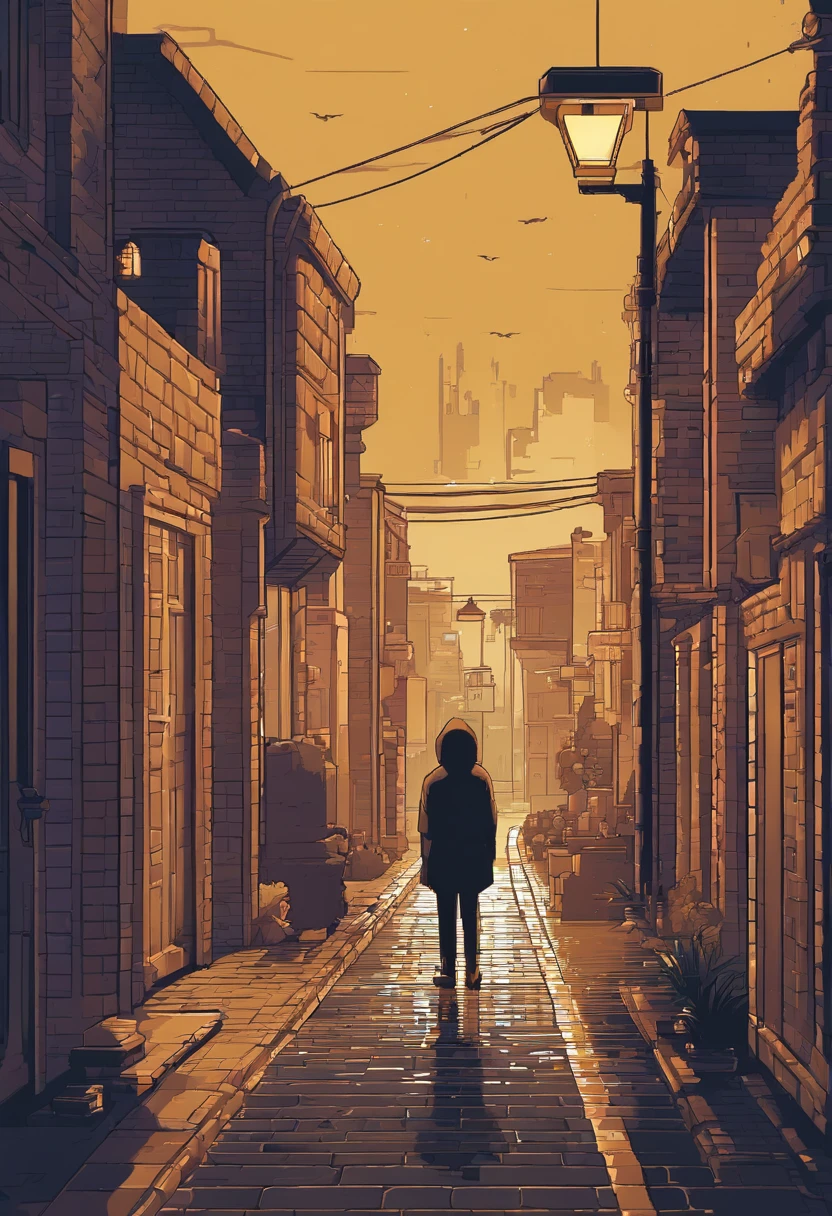 Create a scene, at night, on a dark street inspired by the streets of London, lit only by the yellow light of a distant streetlight. the street tiles are wet and fog hangs in the air. The street is deserted, only two young people stand out in the landscape. A girl wearing white warm clothes and black hair and a boy wearing black warm clothes and blond hair. A cat walking along the wall of one of the houses. (the scene needs to have a noir atmosphere)