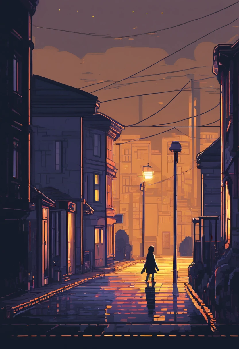 Create a scene, at night, on a dark street inspired by the streets of London, lit only by the yellow light of a distant streetlight. the street tiles are wet and fog hangs in the air. The street is deserted, only two young people stand out in the landscape. A girl wearing white warm clothes and black hair and a boy wearing black warm clothes and blond hair. A cat walking along the wall of one of the houses. (the scene needs to have a noir atmosphere)