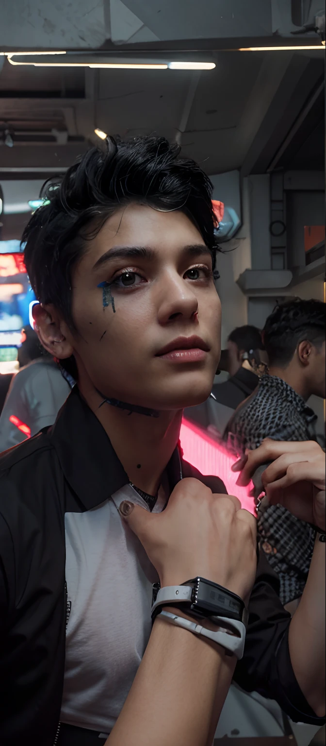 Change background, realistic face, cyberpunk, ultra details, cute boy, stylish black hair, 8k, stylish shirt and handsome boy