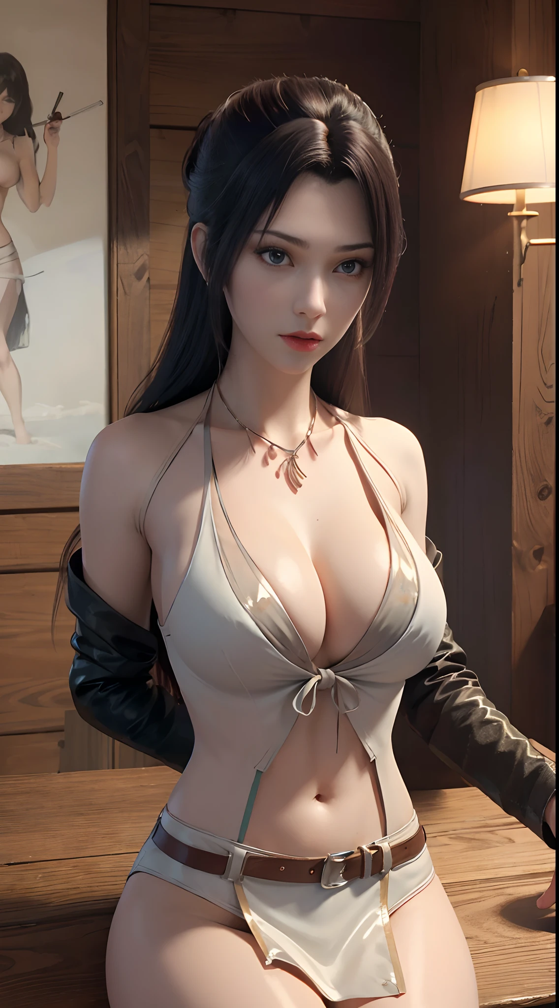 (top-quality、hight resolution、masterpiece:1.3)、Tall and cute woman、Slender Abs、Dark brown hair styled in loose waves、breastsout、Wearing a pendant, white transparent bikini 👙👙🏖️、a belt、a black pantyhose,、(Modern architecture in background)、Details exquisitely rendered in the face and skin texture、A detailed eye、二重まぶた、(huge-breasted:1.6), ((Wearing a tie)), full body Esbil buttons are closed)), exposed, undressed, naked, visible, visible, areola visible, boom, boomer boobs, bomb tits, visible, naked, fully exposed clitoris, visible vaginal dents, vaginal thrust by, nipples, boobs, tits, 🍑🍑🍑