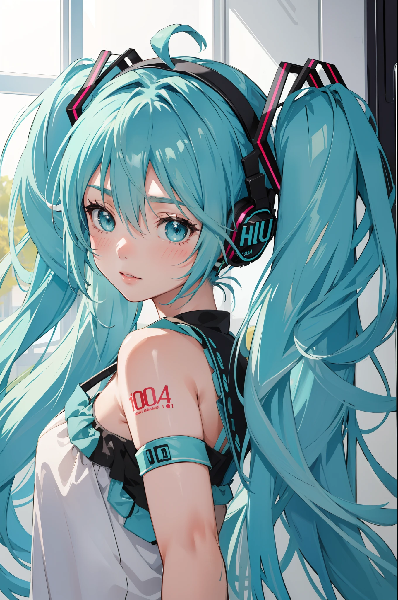 (masterpiece, best quality),  intricate details,
1girl,  miku hatsune, ahoge, aqua eyes, aqua hair, crossed bangs, hair between eyes, hair ornament, headphones, long hair, twintails,tube top, demin shorts, in a hightech spaceship