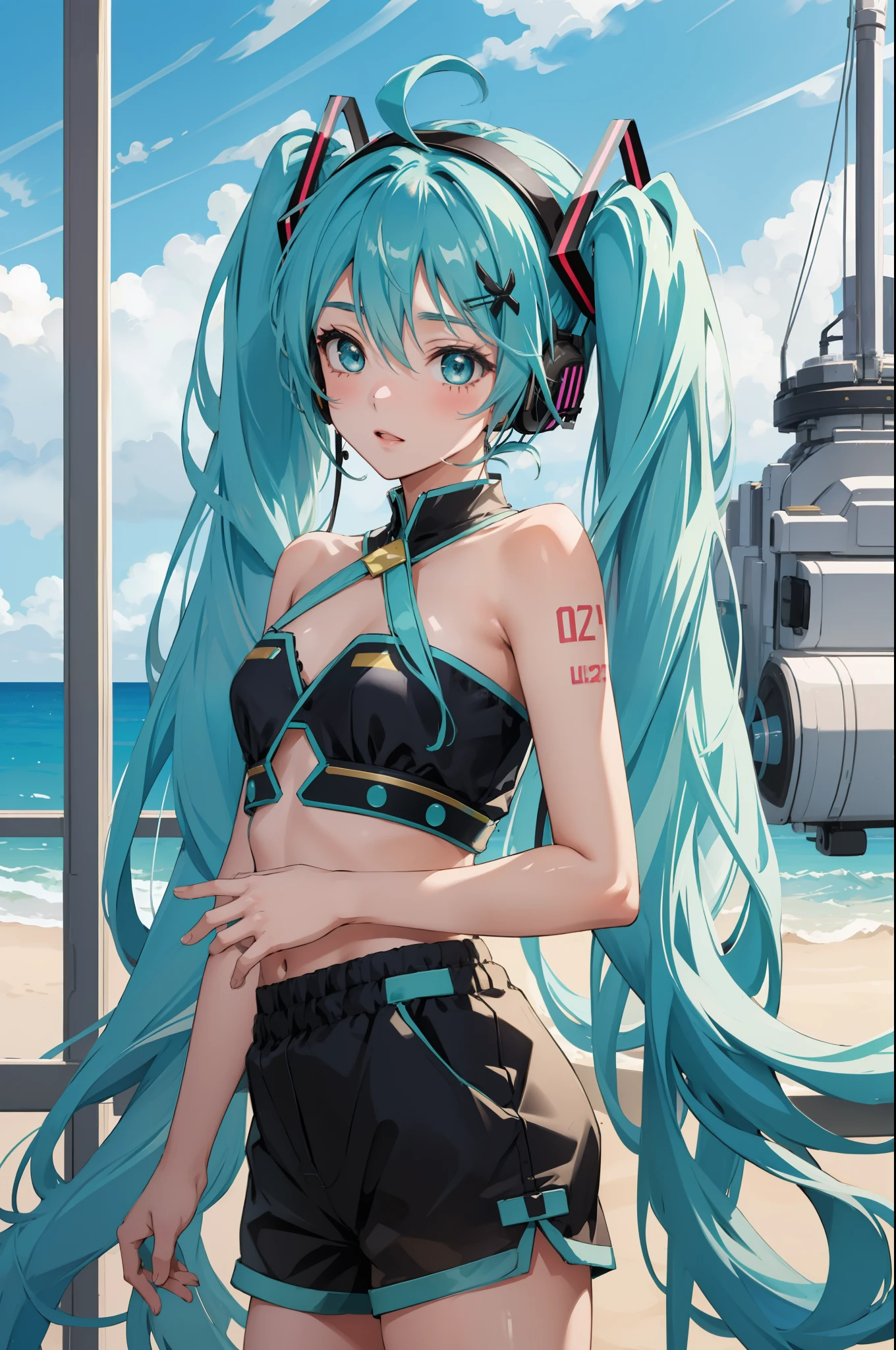 (masterpiece, best quality),  intricate details,
1girl,  miku hatsune, ahoge, aqua eyes, aqua hair, crossed bangs, hair between eyes, hair ornament, headphones, long hair, twintails,tube top, demin shorts, in a hightech spaceship