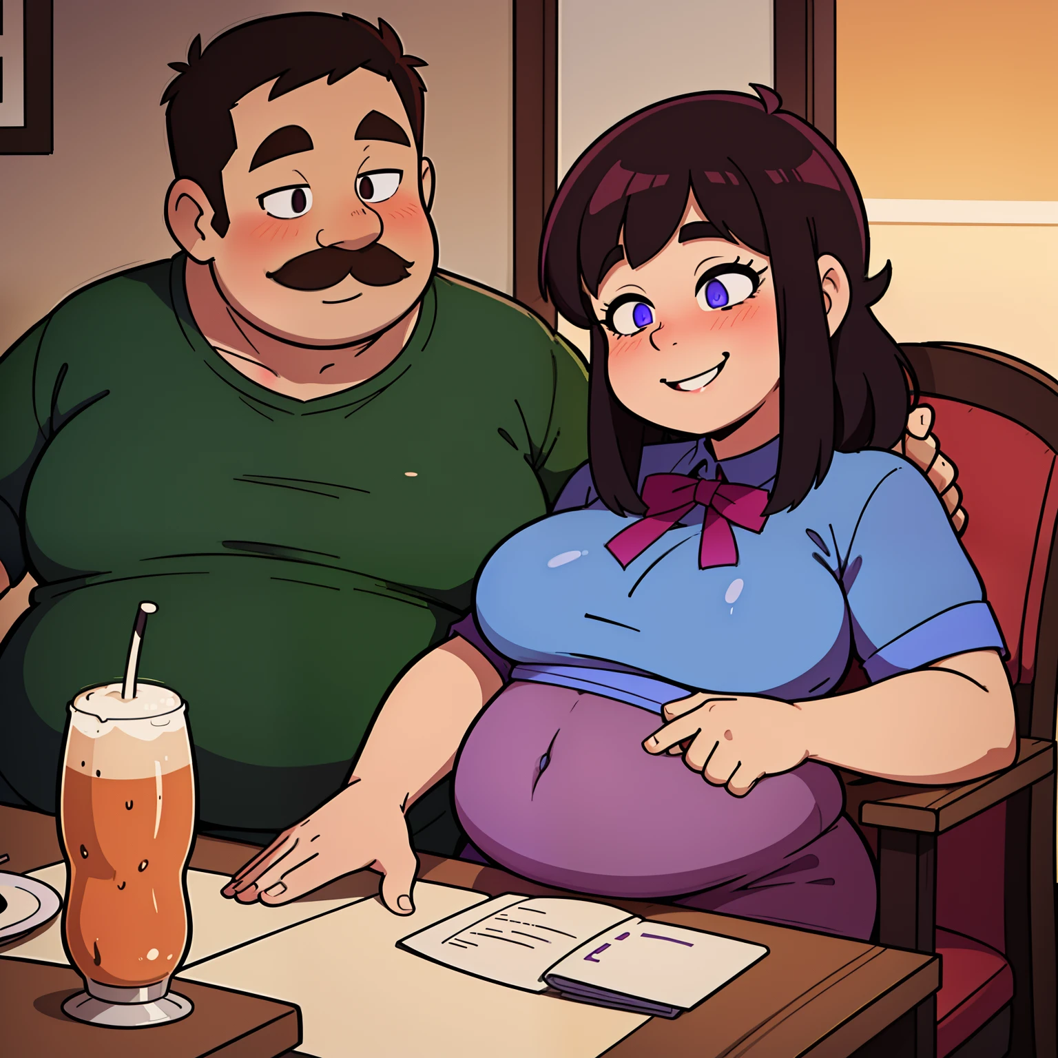 cartoon of a man and woman sitting at a table with a drink, cel - shaded art style, commission for high res, in a pub, momma and papa, she has a jiggly fat round belly, in the pub, (sfw) safe for work, detailed fanart, her belly is fat and round, big belly, smiling at each other, smiling,