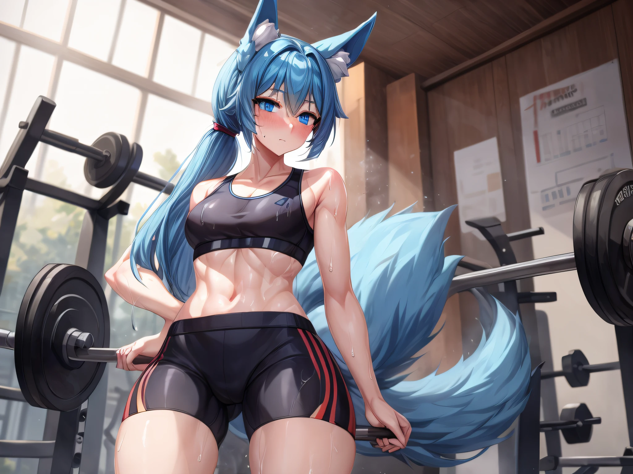 (Masterpiece) (High Detail) (High Res) A short humanoid girl with pale human skin and blue eyes and long blue hair in a ponytail and blue dog ears and a big fluffy dog tail is in the Gym wearing a pair of tight black shorts and a black sports bra and her body is sweaty and covered in sweat.