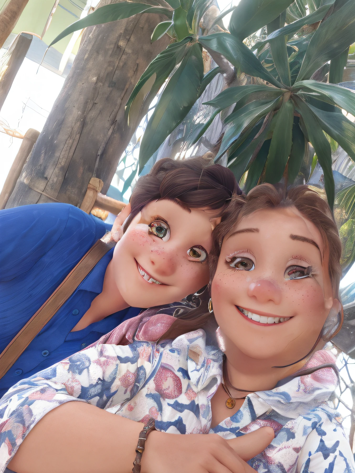 Two women, the first with a blue blouse, short light brown hair, white skin, light brown eyes, short height, smiling and the second woman with a blouse printed in cream and pink, dark brown hair tied up, dark brown skin, rustic cord and smiling , the faces are not blurred, the eyes are not deformed, there are no freckles on the faces.The background with the sea in Pontal do Leme, Rio de Janeiro, Brazil. High quality and best quality Pixar style.