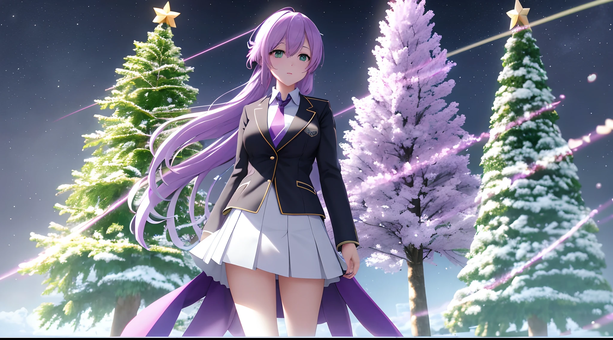 Athena with plain long light purple hair,hair between eyes,green eyes,rosy cheeks,full lips,thin eyebrows,slender body,wearing school coat necktie and full long skirt,cute anime girl,full body,christmas trees in background,anime style,extremely deep depth of field,Lumen Reflections,Screen Space Reflections,Diffraction Grading,Chromatic Aberration,GB Displacement,Scan Lines,Ray Traced,Anti-Aliasing,FXAA,TXAA,RTX,SSAO,Shaders,OpenGL-Shaders, GLSL-Shaders,Post Processing,Post-Production,cell Shading,Tone Mapping,CGI,VFX,SFX,insanely detailed and intricate, 4K,standing, solo, masterpiece, best quality, detailed face, detailed eyes, highres, standing, solo,masterpiece, best quality