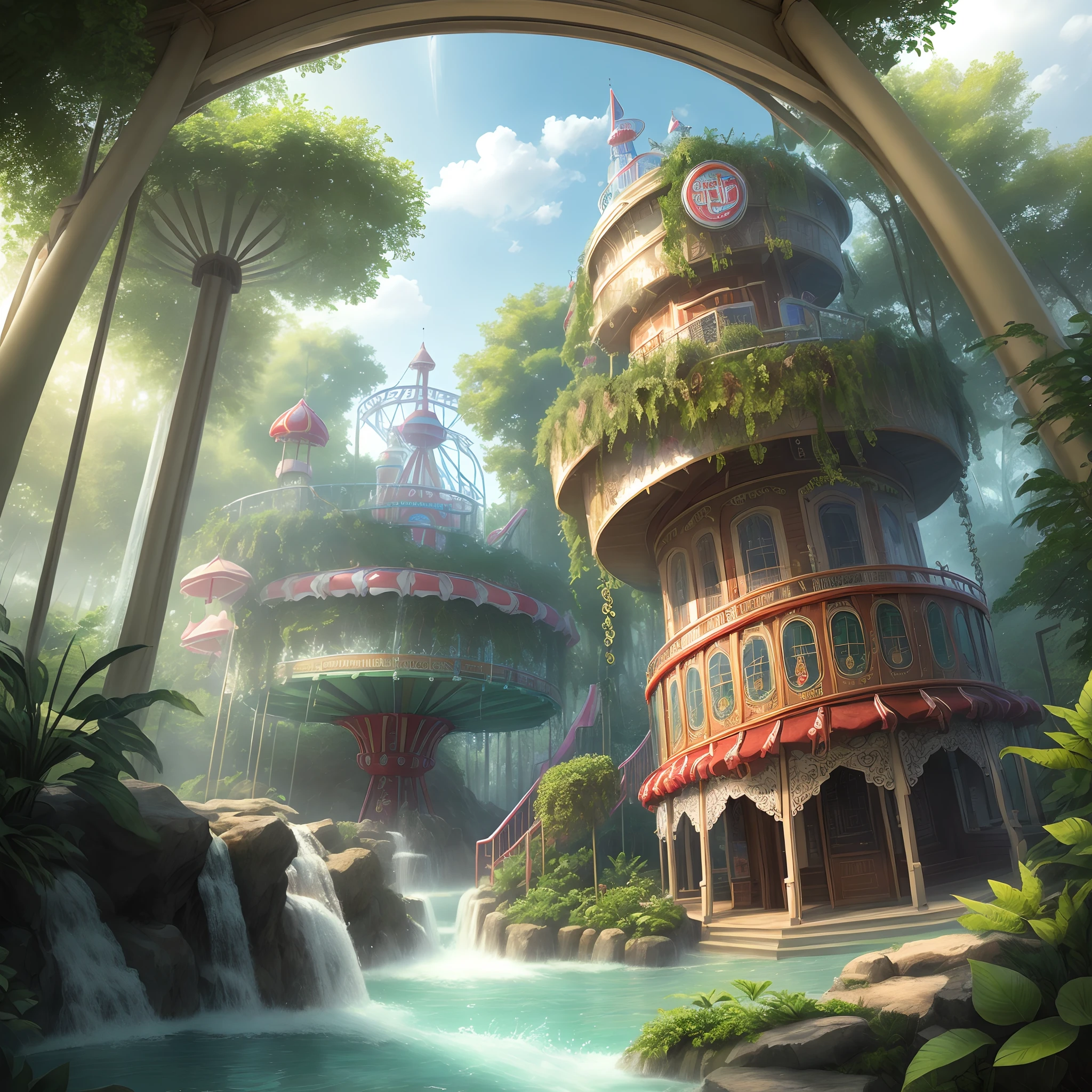 Ultra realistic, studio quality photograph, highly detailed, intricate designed, magic jungle forest, water wonderland theme amusement park on a hot summer day Chain carousel"