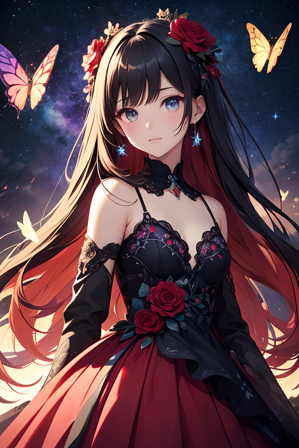 ​masterpiece、Background with（（Fantastic starry sky、kosmos、Meteor swarm、black hole、Irridescent color））depth（（planetes））、Red dress with black floral embroidery、a beauty girl、Fantastic rainbow-colored butterflies flutter around