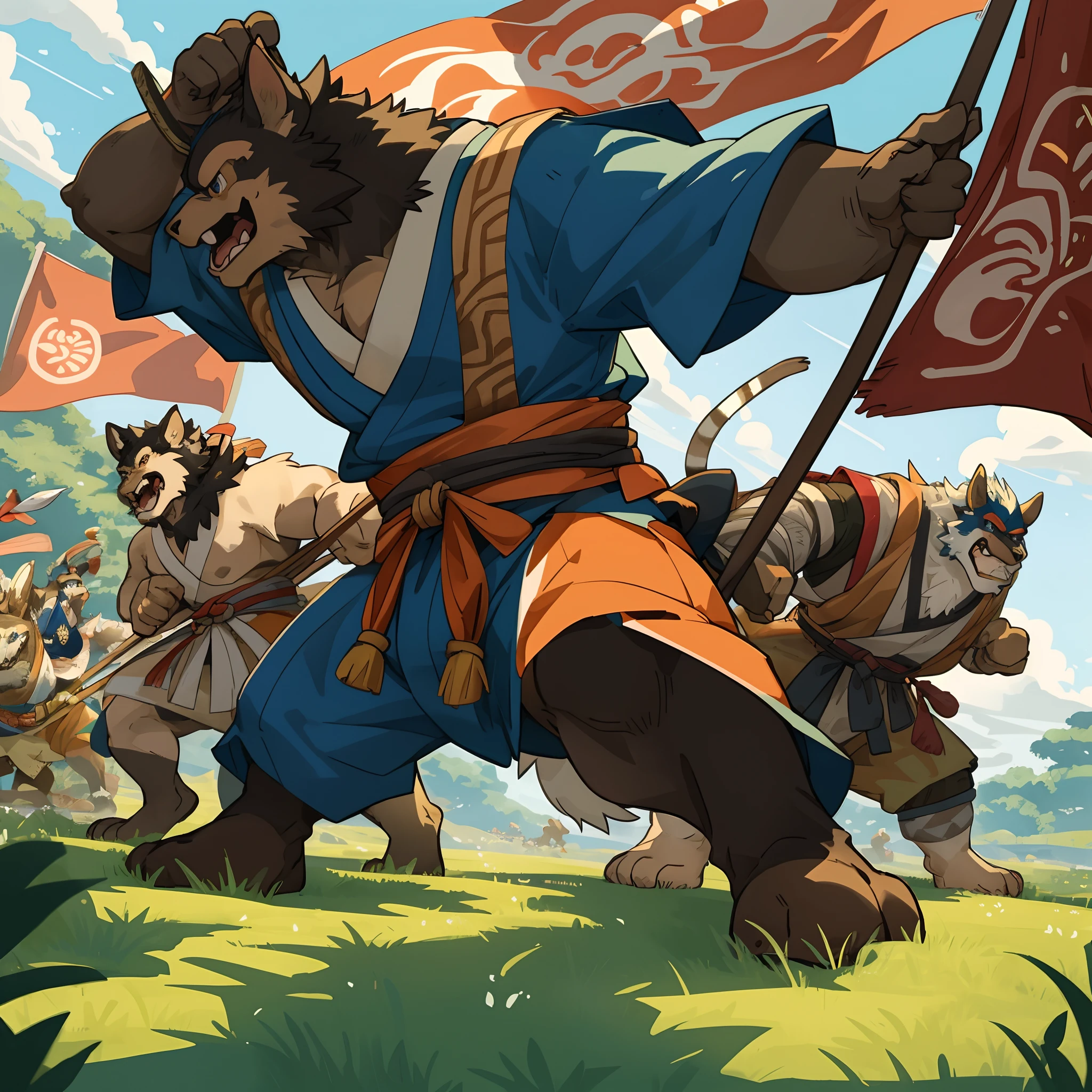 (masterpiece, top quality, best quality)dynamic scene from the Japanese folktale 'Momotaro', showing Momotaro fighting alongside his animal companions, a dog, a monkey, and a pheasant, against the ogres, The scene should be set on the Ogre Island, with Momotaro wearing traditional Japanese warrior clothing, holding a flag with the peach emblem, The animals should be actively participating in the battle, and ogres should appear menacing but not too scary, suitable for a children's book illustration, The style should be vibrant and detailed, capturing the energy and bravery of the legendary tale,