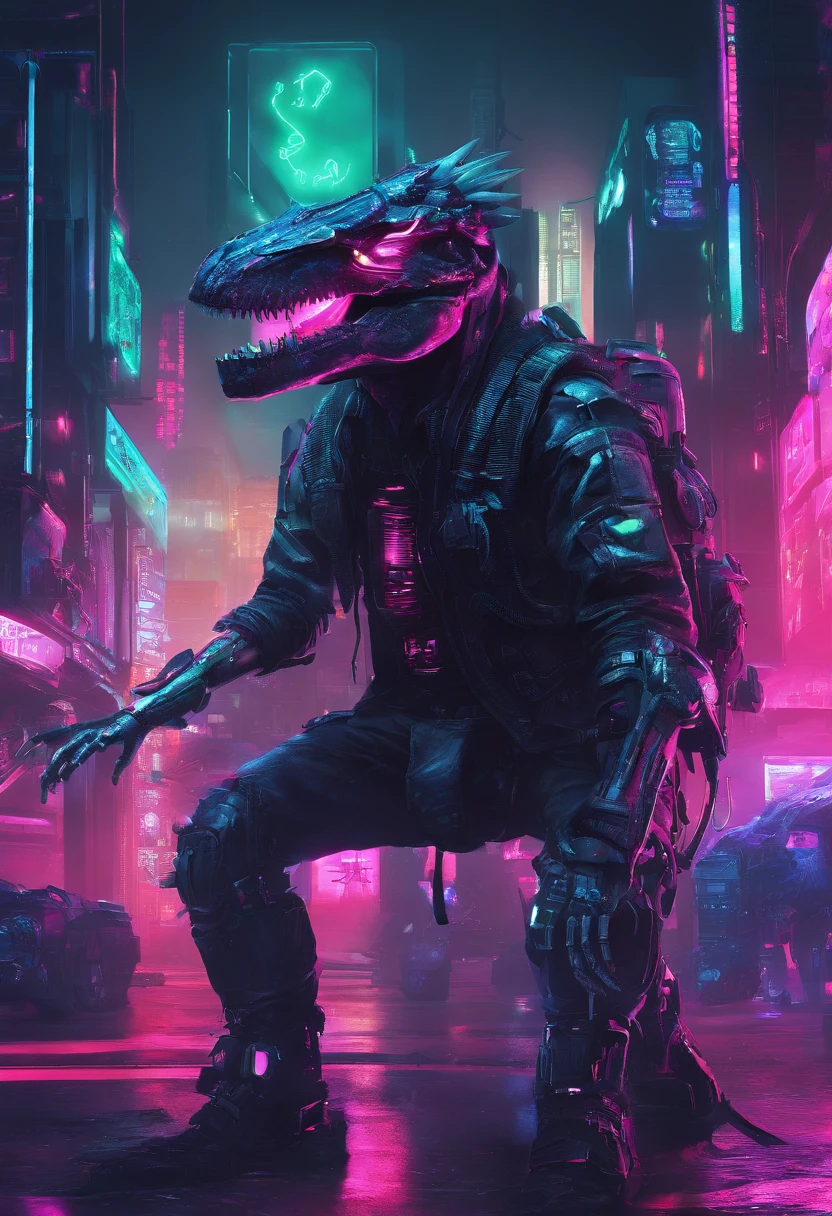 cyber punk perssonage,dinosaurs,mechs,ferocious,cruel