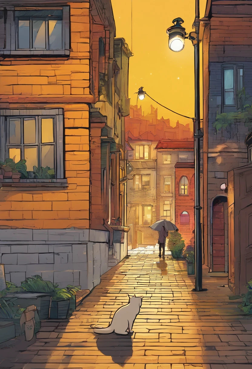 Create a scene, at night, on a dark street inspired by the streets of London, lit only by the yellow light of a distant streetlight. the street tiles are wet and fog hangs in the air. The street is deserted, only two young people stand out in the landscape. A girl wearing white warm clothes and black hair and a boy wearing black warm clothes and blond hair. A cat walking along the wall of one of the houses. (the scene needs to have a noir atmosphere)