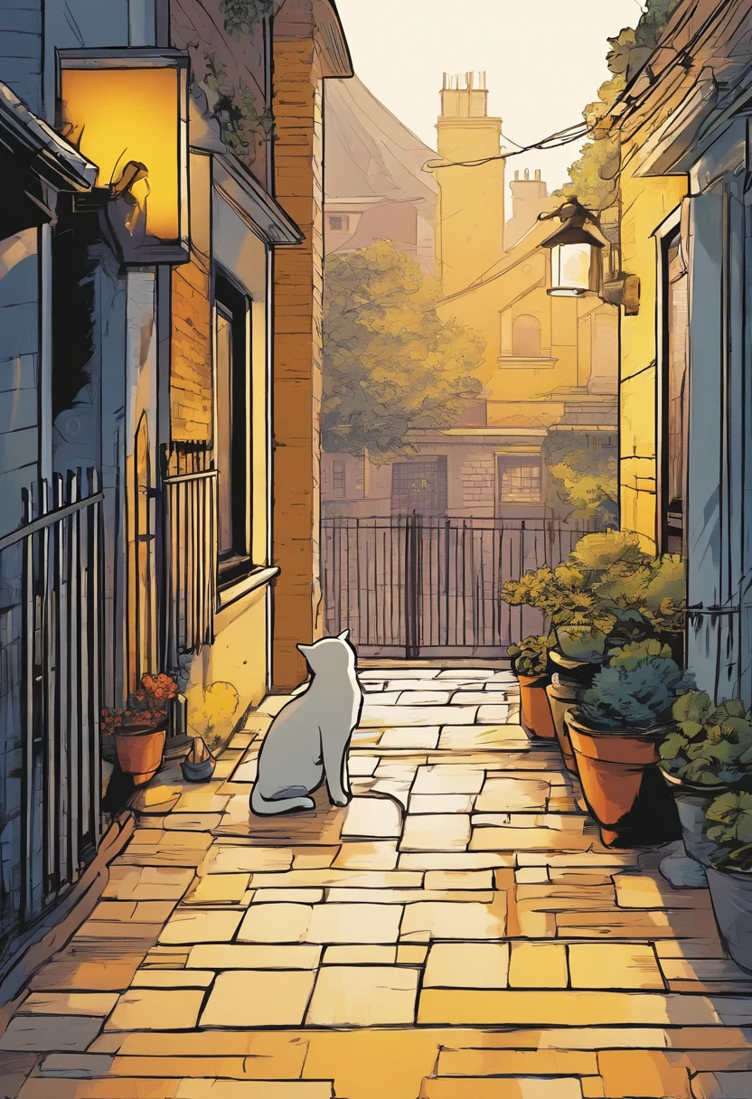 Create a scene, at night, on a dark street inspired by the streets of London, lit only by the yellow light of a distant streetlight. the street tiles are wet and fog hangs in the air. The street is deserted, only two young people stand out in the landscape. A girl wearing white warm clothes and black hair and a boy wearing black warm clothes and blond hair. A cat walking along the wall of one of the houses. (the scene needs to have a noir atmosphere)
