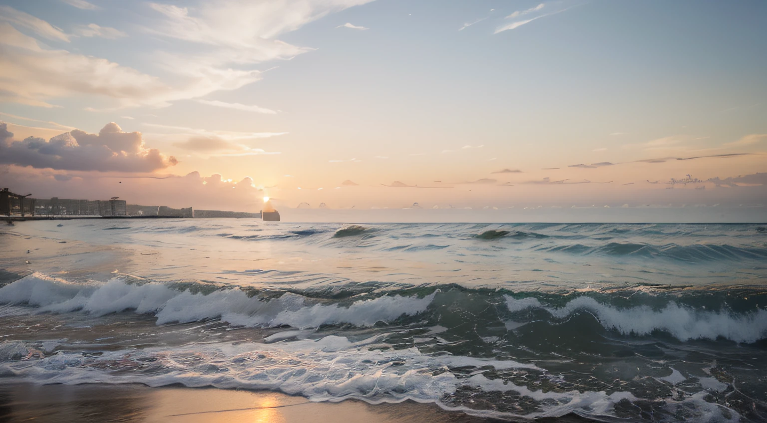 (Best quality, 8k, masterpiece: 1.3), a beautiful beach at sunset, Nikon D850 DSLR 4k camera, 100mm lens, F 1.2 aperture setting, bright and natural lighting, relaxing atmosphere