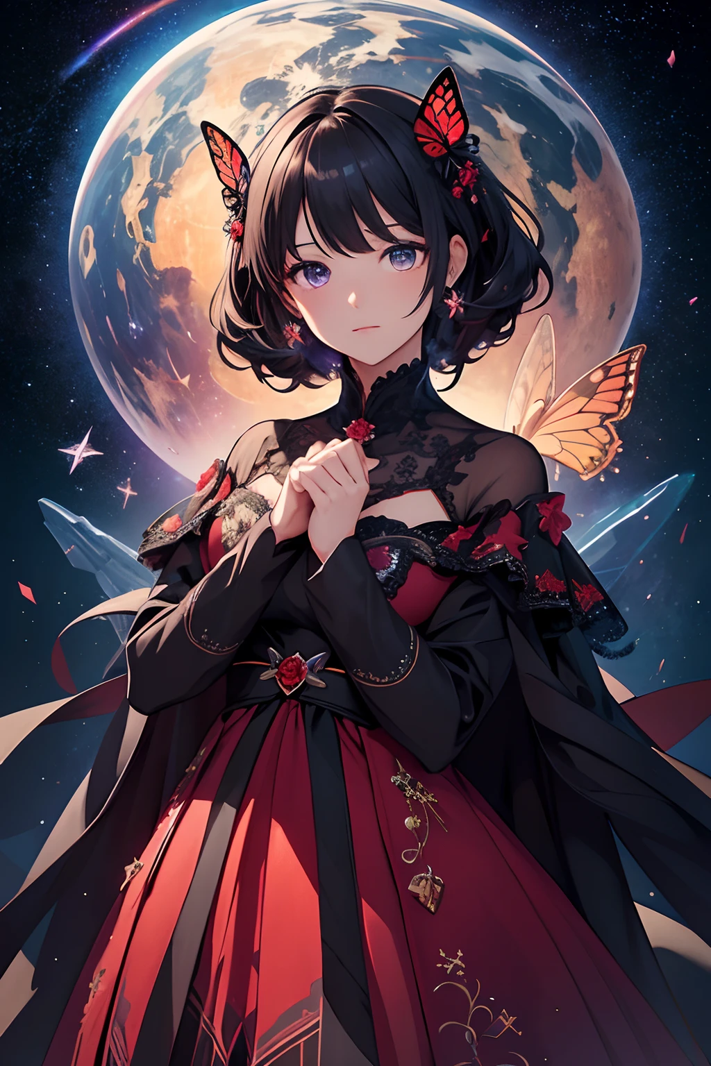 masterpiece、Background with((Fantastic starry sky、kosmos、Meteor swarm、black hole、Irridescent color))depth((planetes))、Red dress with black floral embroidery、a beauty girl、Fantastic rainbow-colored butterflies flutter around