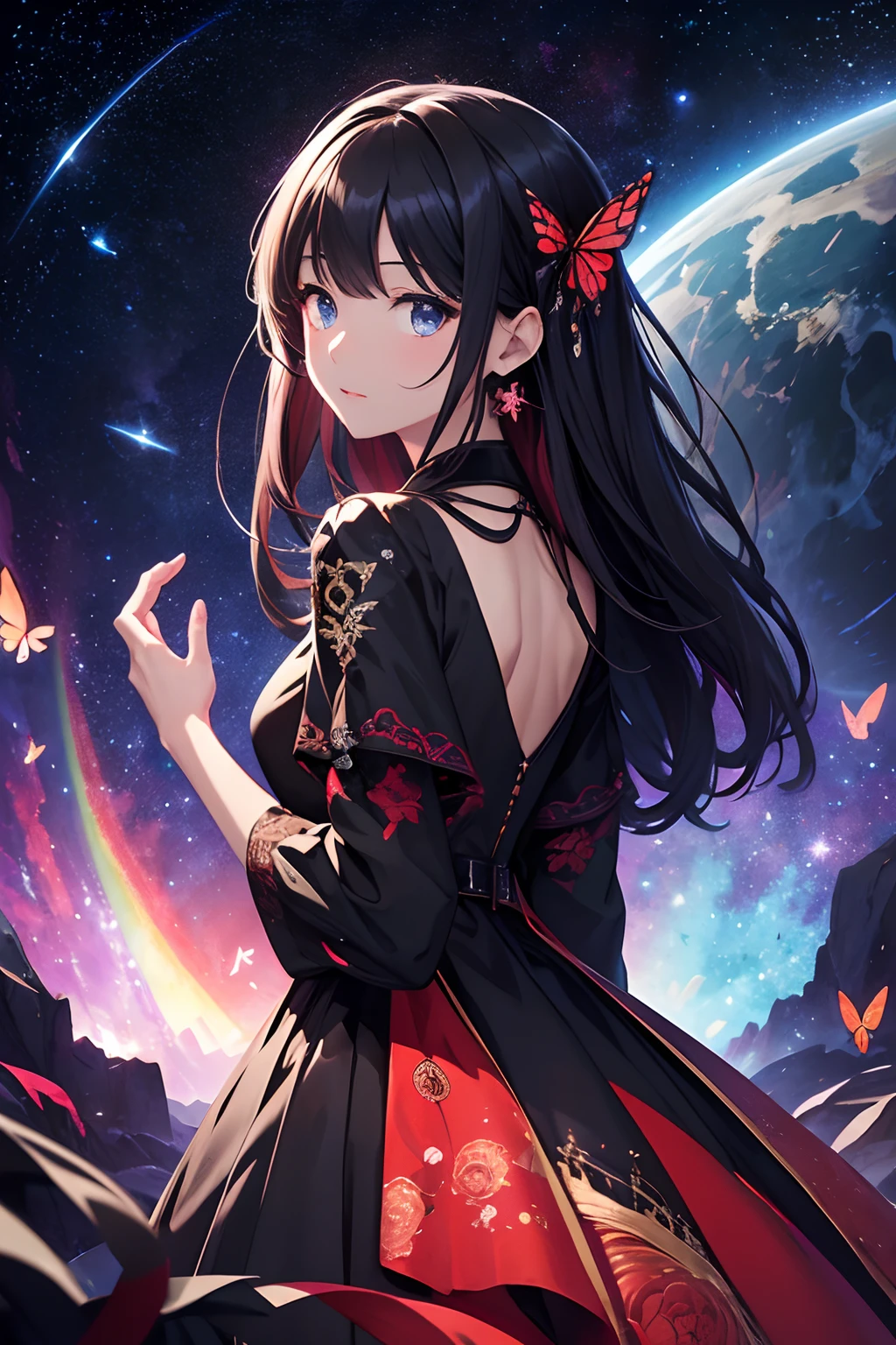 ​masterpiece、Background with（（Fantastic starry sky、kosmos、Meteor swarm、black hole、Irridescent color））depth（（planetes））、Red dress with black floral embroidery、a beauty girl、Fantastic rainbow-colored butterflies flutter around