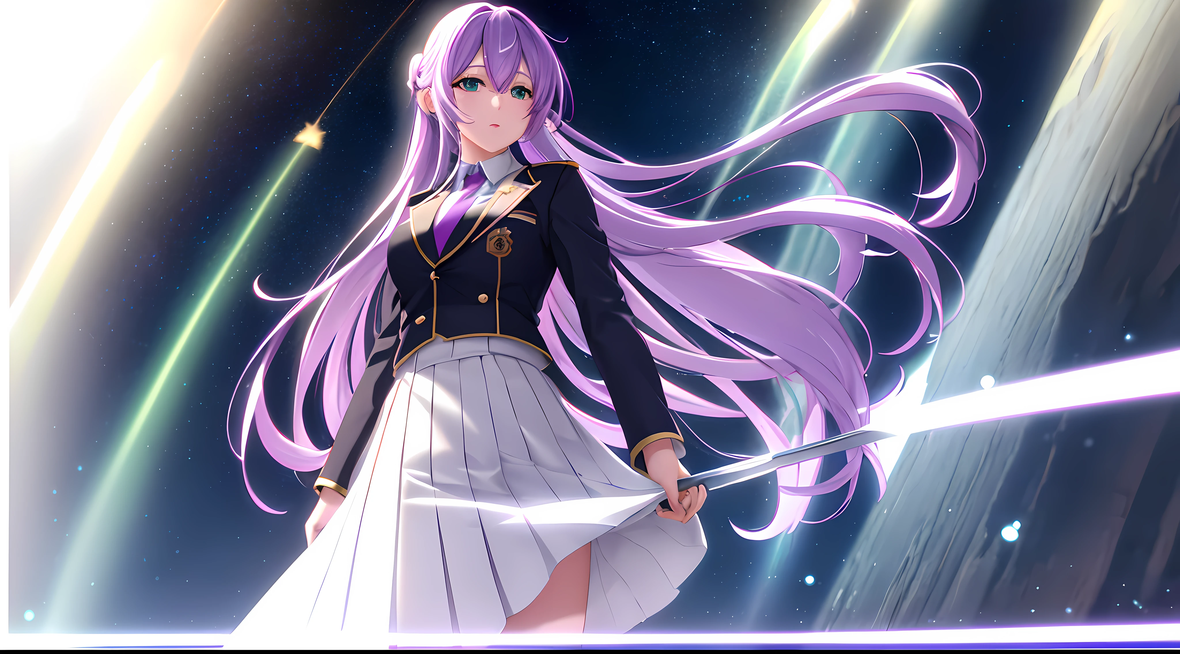 Athena with plain long light purple hair,hair between eyes,green eyes,rosy cheeks,full lips,thin eyebrows,slender body,wearing school coat necktie and full long skirt,cute anime girl,full body,christmas trees in background,anime style,extremely deep depth of field,Lumen Reflections,Screen Space Reflections,Diffraction Grading,Chromatic Aberration,GB Displacement,Scan Lines,Ray Traced,Anti-Aliasing,FXAA,TXAA,RTX,SSAO,Shaders,OpenGL-Shaders, GLSL-Shaders,Post Processing,Post-Production,cell Shading,Tone Mapping,CGI,VFX,SFX,insanely detailed and intricate, 4K,standing, solo, masterpiece, best quality, detailed face, detailed eyes, highres, standing, solo,masterpiece, best quality