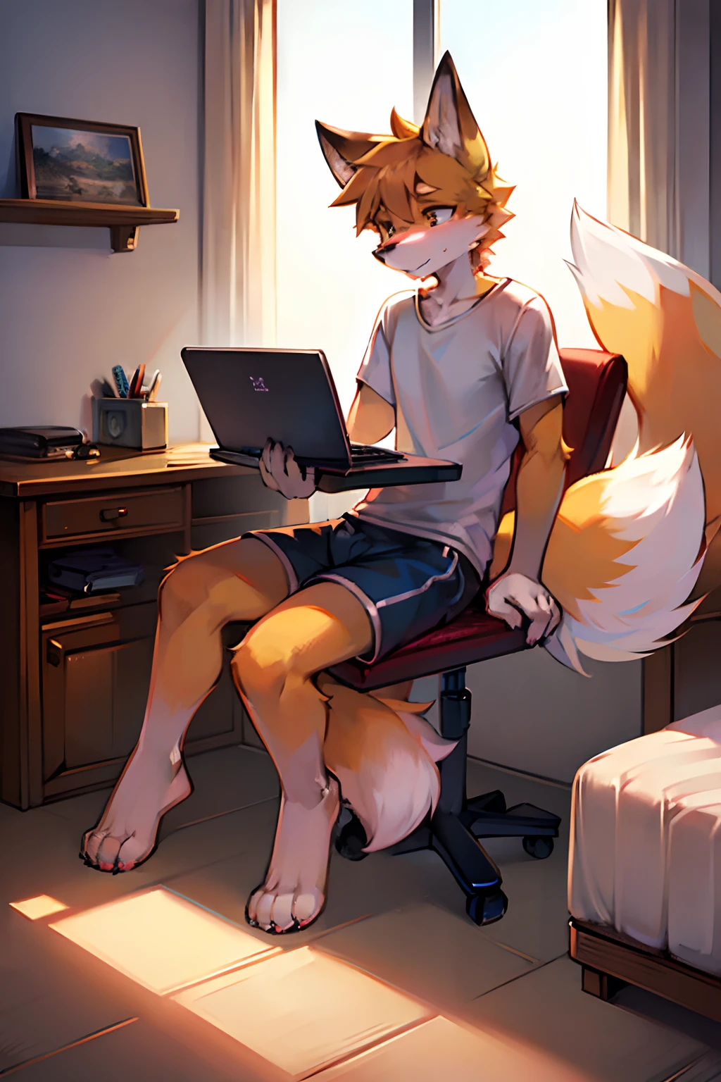 (Fox, furry, anthropomorphic), Male, siting on chair at a desk, inside, bedroom, wearing shorts, wearing shirt, Furry art, Fur on arms, big Floofy tail, fur on legs, (Fur covering whole body, Best quality, human like body figure), sitting in chair looking at a laptop, worried face expression.