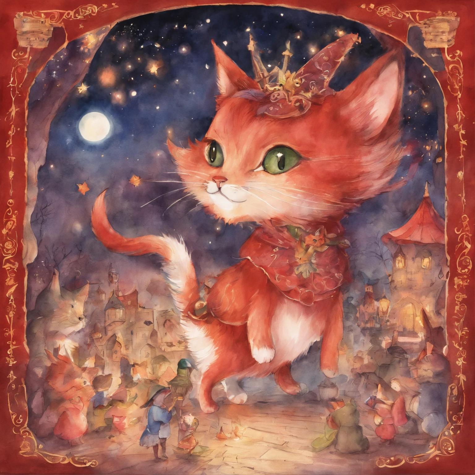 Cat Concert Fantastic atmosphere Picture book illustrations watercolor paiting Overall, the color is strong red