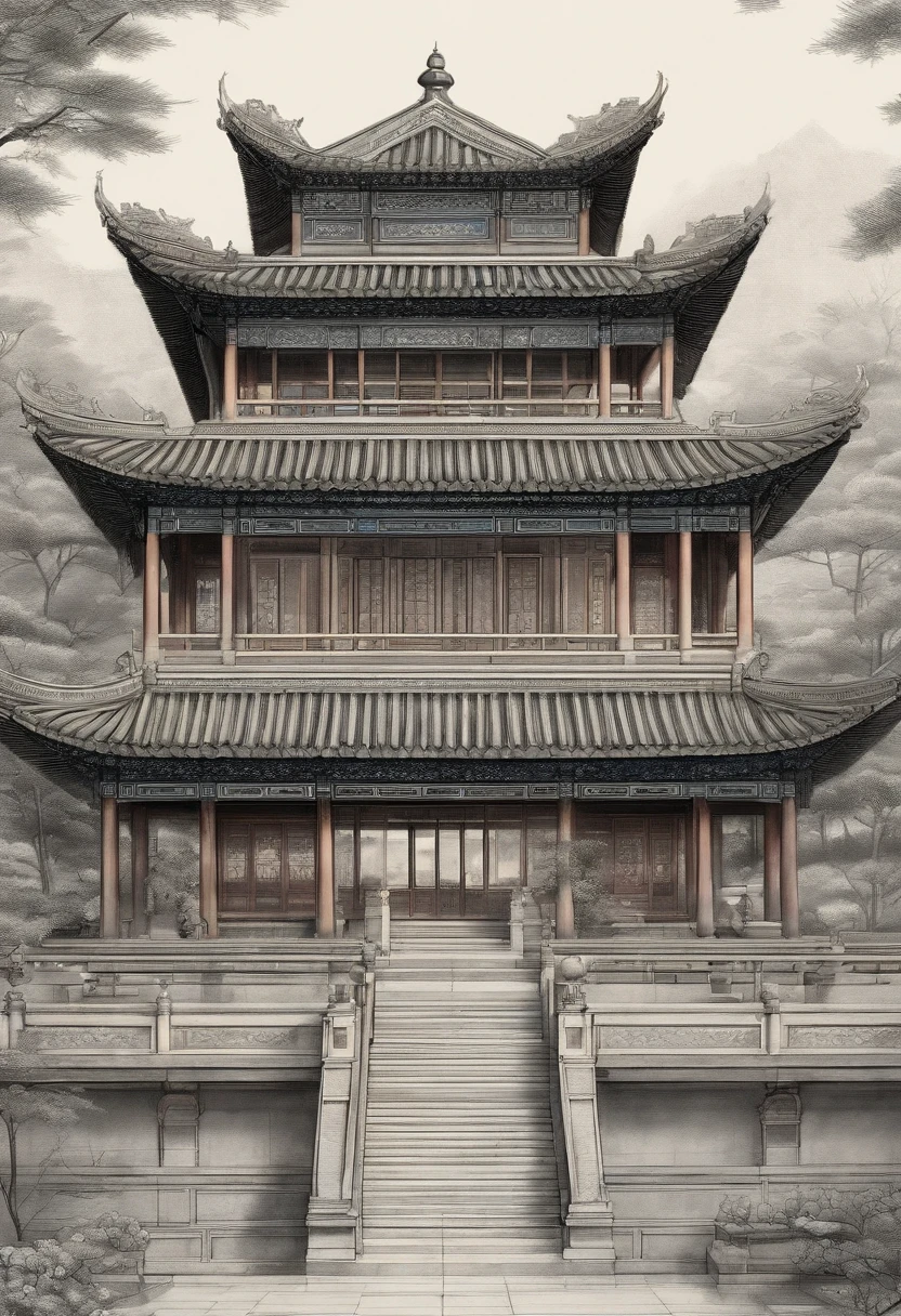 Temple pittoresque de style dynastie Han,Monks meditate in front of the temple(Clivage en gros plan),meditate,zazen,A meditation(Peinture de paysage chinoise),(ink and watercolor painting),(8k wallpaper),(Light and shadow effect),rendu par octane,Conception de balance des blancs,Highly detailed image representation,Grands angles,profondeur de champs,tmasterpiece,Realstic,Beautifully represented,UN,acurate,Works by masters,tmasterpiece, The shadow of a ninja in the roof, Realistic Ninja