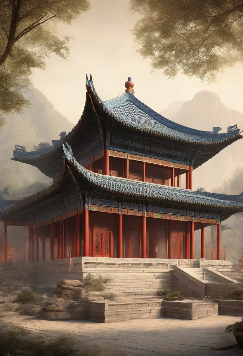 a drawing of a building with a staircase and a staircase, Ancient Chinese architecture, Beautiful rendering of the Tang Dynasty, Chinese architecture, traditional japanese concept art, Chinese style buildings, digital painting of a pagoda, cyberpunk chinese ancient castle, Feng Zhu concept art, Ancient Japanese architecture, architectural illustration, concept art highly detailed, highly detailed concept art, Tang Dynasty Palace, author：Li Zai