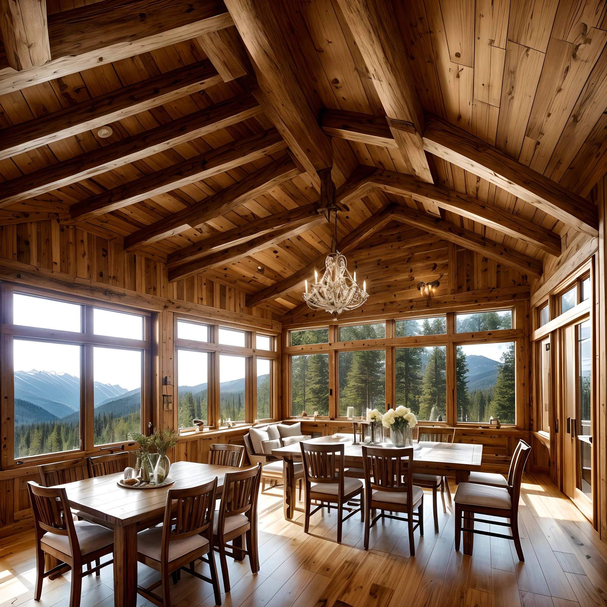 Dining Area
Style: Chalet Chic
Interior: The adjacent dining area is spacious and comfortable. A large wooden table comfortably seats a group. The room is enveloped in natural light from the abundant windows, offering mountain views.
Decor: Rustic chandeliers hang above the table, casting a warm glow. Cowhide chairs surround the table, and a stone accent wall adds texture to the space.
Atmosphere: It's a perfect spot for hosting family and friends, with a blend of elegance and alpine charm.