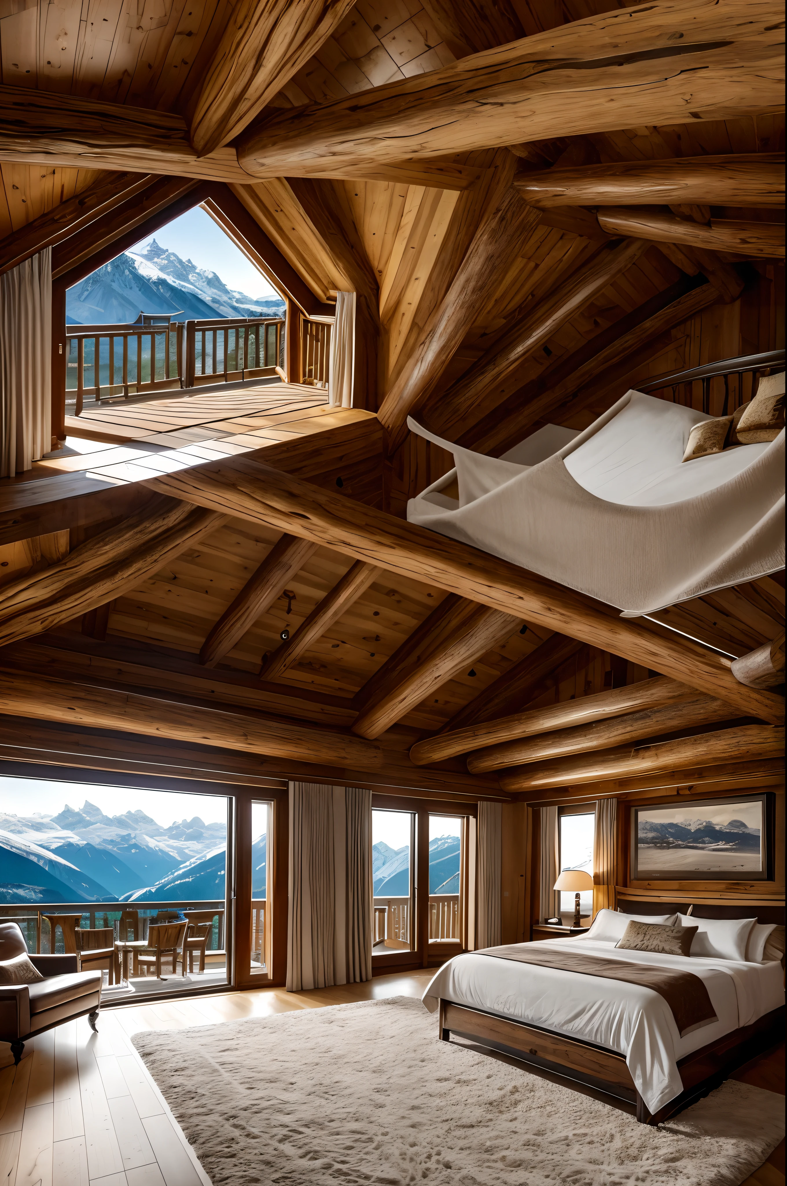 Bedroom Suite
Style: Rustic Luxury
Interior: The master bedroom suite is a spacious retreat. A king-sized bed with a rich wood frame, luxurious bedding, and faux fur accents invites you to rest. A stone fireplace adds warmth, while floor-to-ceiling windows provide panoramic mountain views.
Decor: The room features wood-paneled walls, adding to the cozy ambiance. A private balcony offers a secluded spot to enjoy the beauty of the Swiss Alps.
Atmosphere: It's a space that exudes romance, providing a cozy escape with breathtaking mountain vistas.