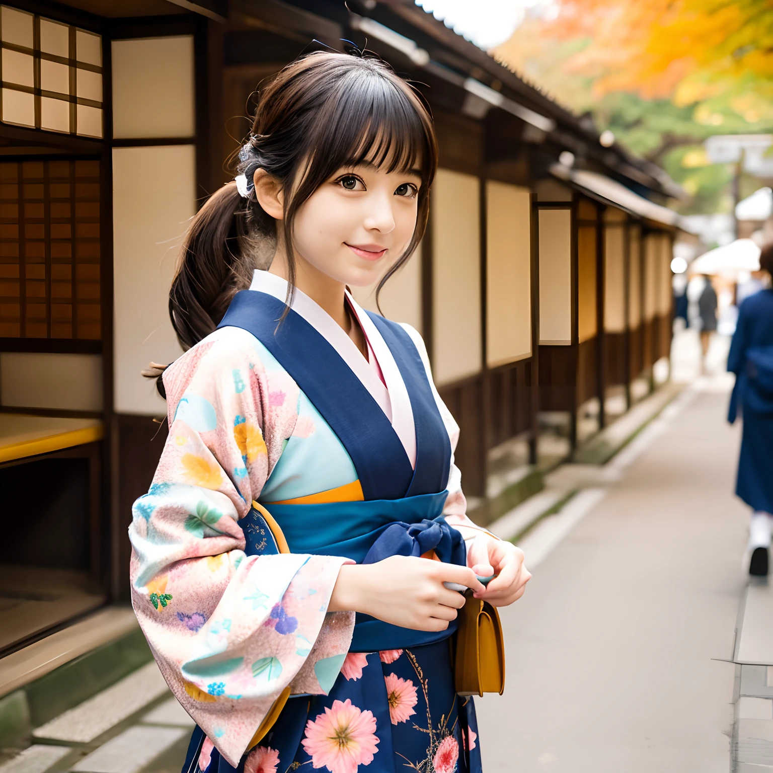 ((1 japanese teenage girl)), Ethereal beautiful, slim, Petite, Soft light, ((David Hamilton Style)), closeup picture, masutepiece, Best Quality, Photorealsitic, 8K, High resolution, Detailed skin, 8K UHD, Digital SLR, Soft lighting, High quality, Film grain, FUJI XT3, Full body, In the Kyoto city, standing, Photo from the waist up、(wearing cute and short Japanese_KIMONO), smile, (The background is Kyoto_street), ((Both face and body are facing the viewer:1.4))、The chest of the kimono is wide open.、 ((The kimono is taken off.:1.2))、(Underwear is visible:1.2)、