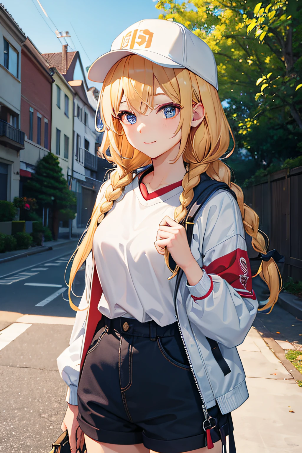 eikotsukimi, eiko tsukimi, blonde hair, braid, baseball cap, twin braids, long hair, smile, multicolored jacket, white shirt, shorts, (medium breast:1.2), BREAK looking at viewer, BREAK outside, BREAK (masterpiece:1.2), best quality, high resolution, unity 8k wallpaper, (illustration:0.8), (beautiful detailed eyes:1.6), extremely detailed face, perfect lighting, extremely detailed CG, (perfect hands, perfect ???????),