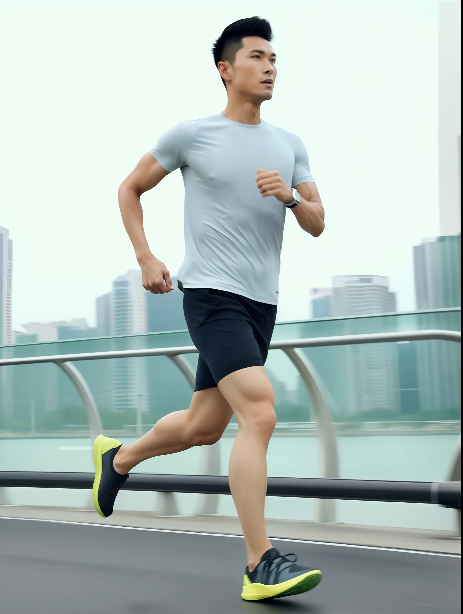 There was a man running on a bridge,The background is a city, running pose, Correr libremente, dynamic active running pose, running sequence, sprinting, people running, sport outfit, smooth body features, wearing fitness gear, The action of running and fighting, running fast towards the camera, Fast movement, dynamic action shot, Running, hyper realisitc, 5k