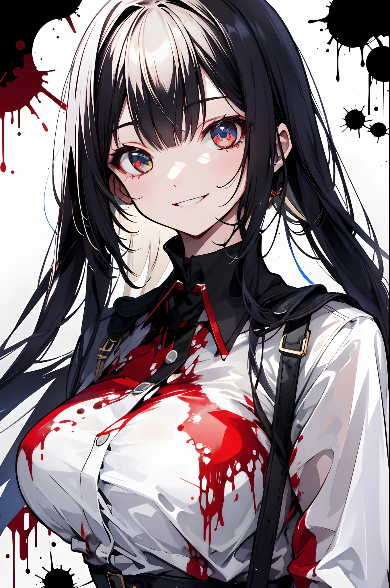 Tall Japanese woman, cut mouth, large breasts, very long black hair, Completely black eyes, dressed in a closed white overcoat, hands covered with bandages, holding crimson scissors, City alley background, red sky, blood dripping from scissors