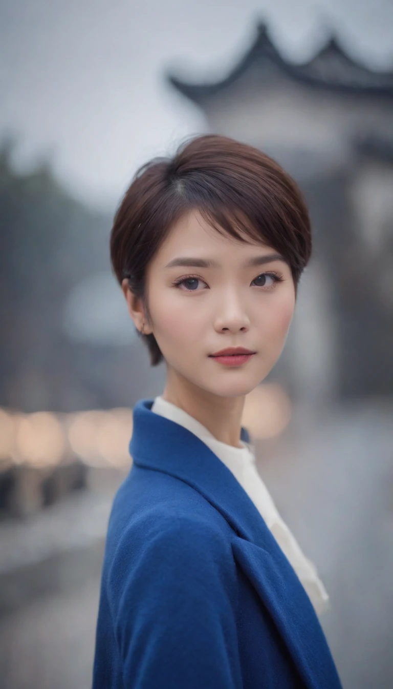 Chinese short haired beauty hairstyle design,Klein blue coat
