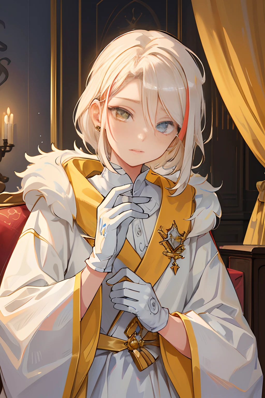 prinz，children's，1boys，Yellow decoration，citrine，Pedras preciosas，starlights，Depicts delicate eyes，Opal eyes，Depict delicate facial features，White uniform，Maximalism，Sophisticated design，White gloves，goth style，Priesthood dress，ribbon，with short white hair，Messy hair, Soft and fluffy hair, hair between eye，extreme hight detail，Delicate depiction，Orange eyes，Except for yellow，All colors are low saturation，Only yellow is the most conspicuous，royal house，ellegance，glorious，royal robe