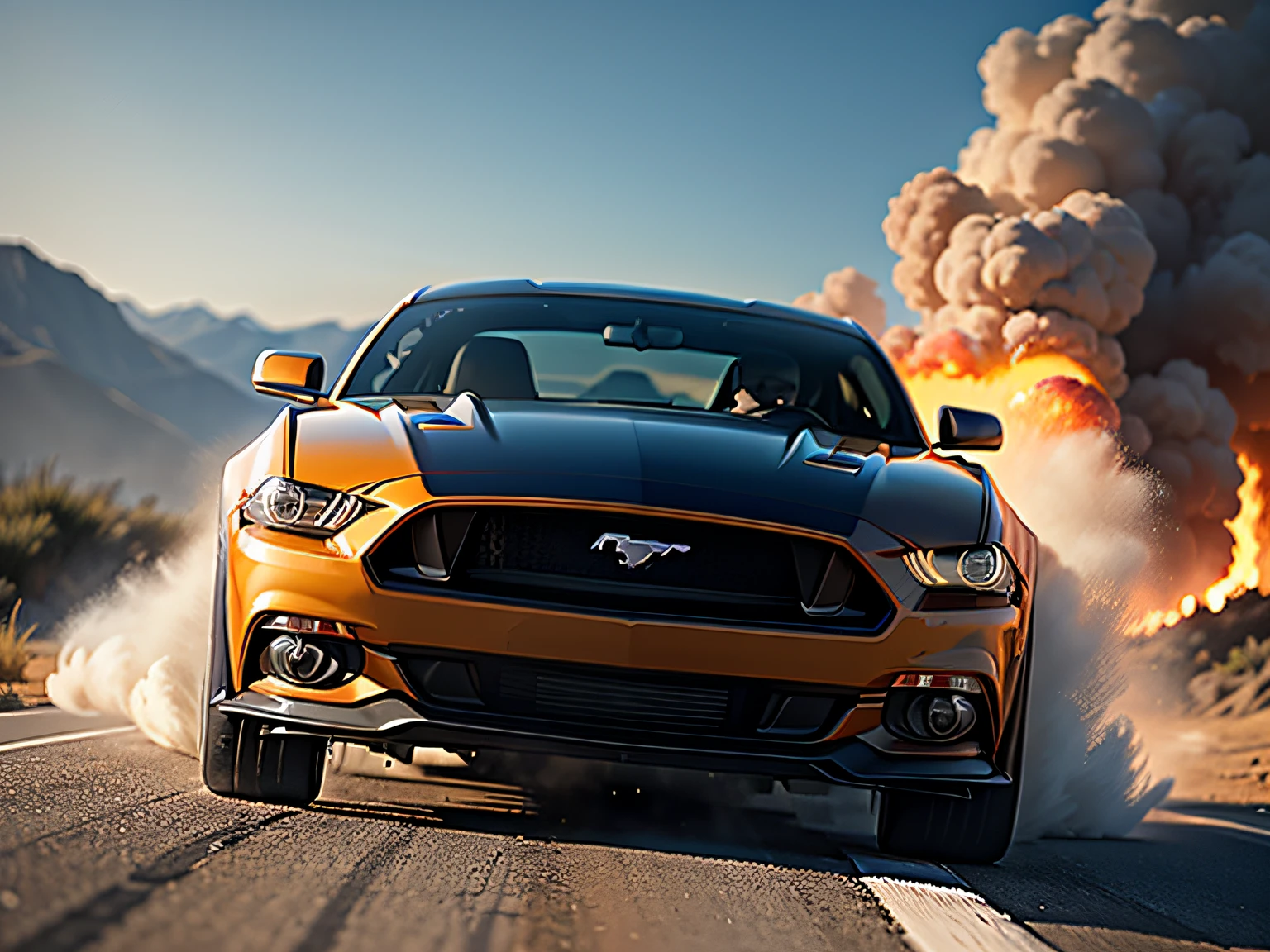 photo of a running "mustang fastback" on fire, This car is on fire, It's on fire, queimando, pegando fogo no motor, chamas lindas e fortes, fire on engine, tires on fire, fogo em toda parte, black opaque glass