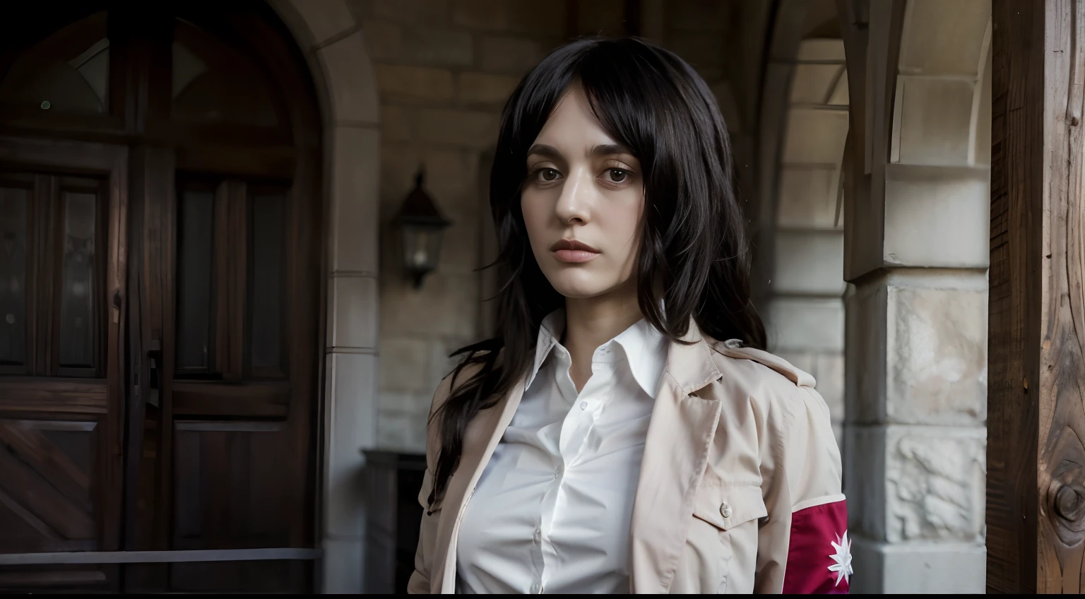 Pieck, woman, dark hair, long hair, collar, white shirt, light brown jacket