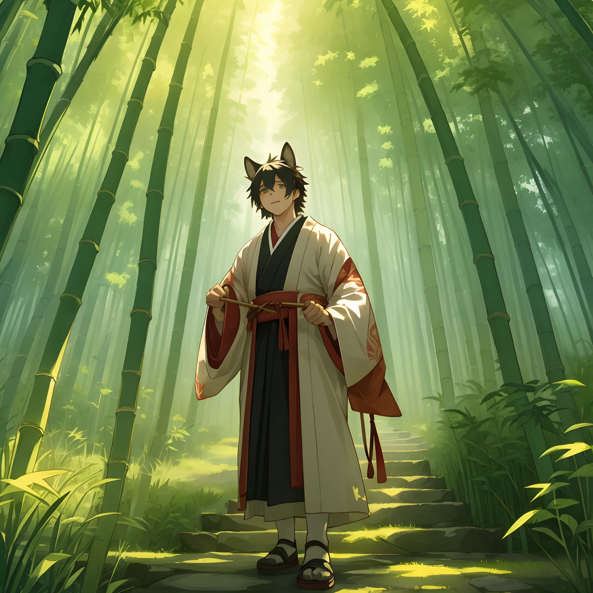 (masterpiece, top quality, best quality)Illustrate a mystical scene from 'The Tale of the Bamboo Cutter' where the old bamboo cutter discovers a radiant bamboo stalk. The image should depict an ancient Japanese forest setting with dense bamboo. The bamboo cutter, dressed in traditional Heian period clothing, should be shown with a look of wonder on his face as he comes across the glowing bamboo. The light from the bamboo should cast a soft glow on the surroundings, creating an enchanting atmosphere. Include details such as the cutter's tools and the intricate patterns of light filtering through the bamboo grove,