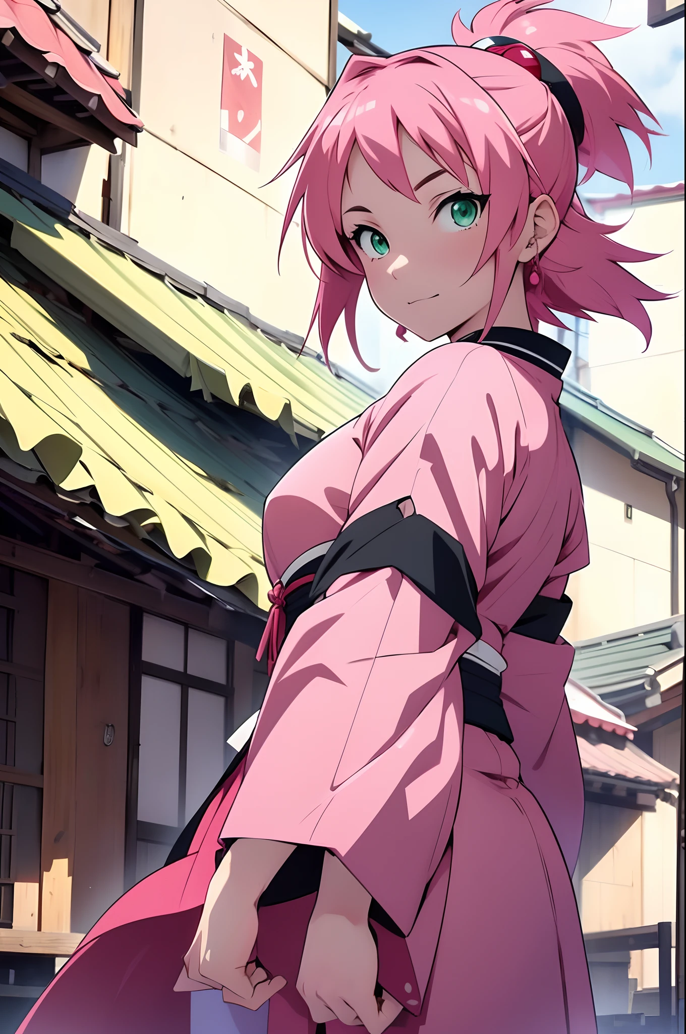 1girl, pink short hair, green eyes, anime girl, sakura haruna, japanese anime character, Kishimoto, Japanese anime style, q