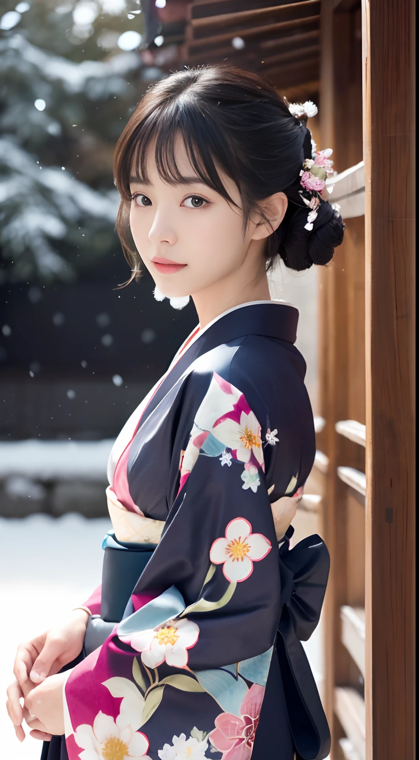 (Kimono)、、(top-quality,masterpiece:1.3,超A high resolution,),(ultra-detailliert,Caustics),(Photorealsitic:1.4,RAW shooting,)Ultra-realistic capture,A highly detailed,High resolution 16K high resolution image of a woman in a kimono,resolutionfor human skin、 Skin texture is natural、、The skin looks healthy with an even tone、 Use natural light and color,One Woman,japanes,,kawaii,A dark-haired,Middle hair,(Falling snow:1.3)、(Hair swaying in the wind:1.2)、In front of the shrine,