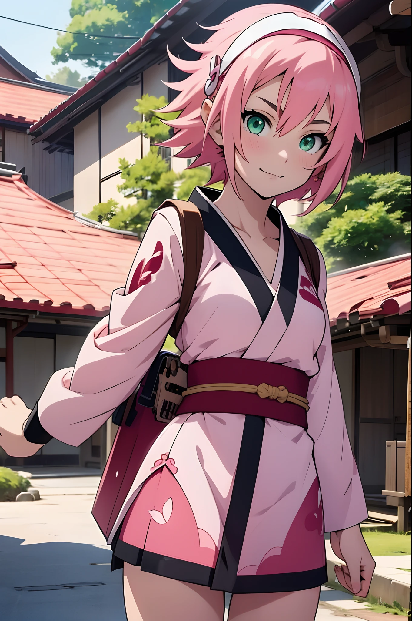 1girl, pink short hair, green eyes, anime girl, sakura haruna, japanese anime character, Kishimoto, Japanese anime style, q