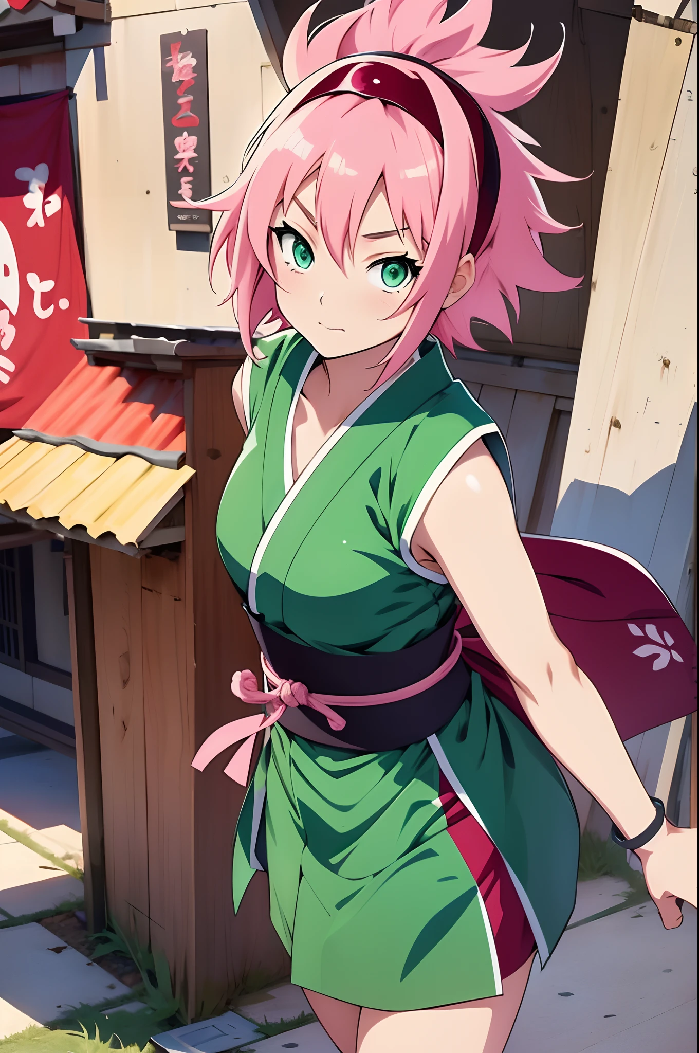 1girl, pink short hair, green eyes, anime girl, sakura haruna, japanese anime character, Kishimoto, Japanese anime style, q