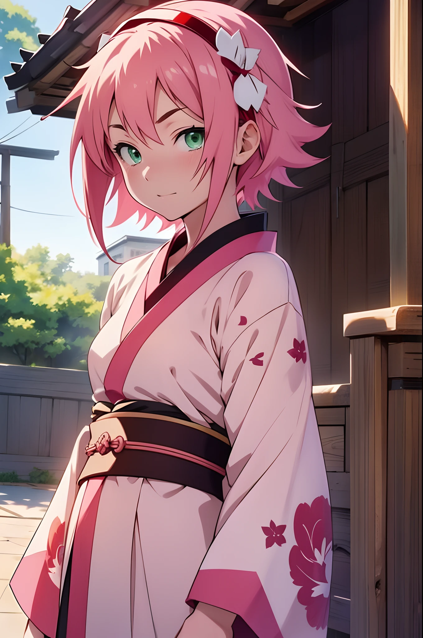 1girl, pink short hair, green eyes, anime girl, sakura haruna, japanese anime character, Kishimoto, Japanese anime style, q