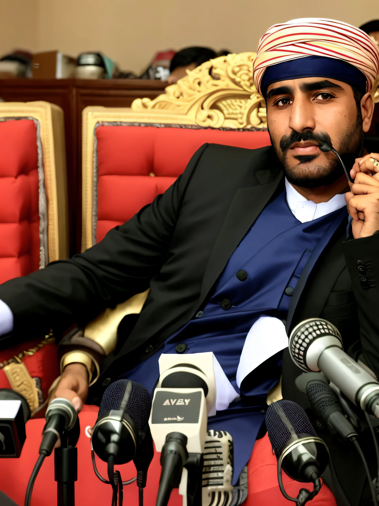 araffe man sitting in a chair with microphones and a phone, kurdish lawyer, raden saleh, khyzyl saleem, sayem reza, shabab alizadeh, very clear picture, ash thorp khyzyl saleem, mohamed chahin, detailed mawshot, handsome man, kyza saleem, press conference,beautifull person