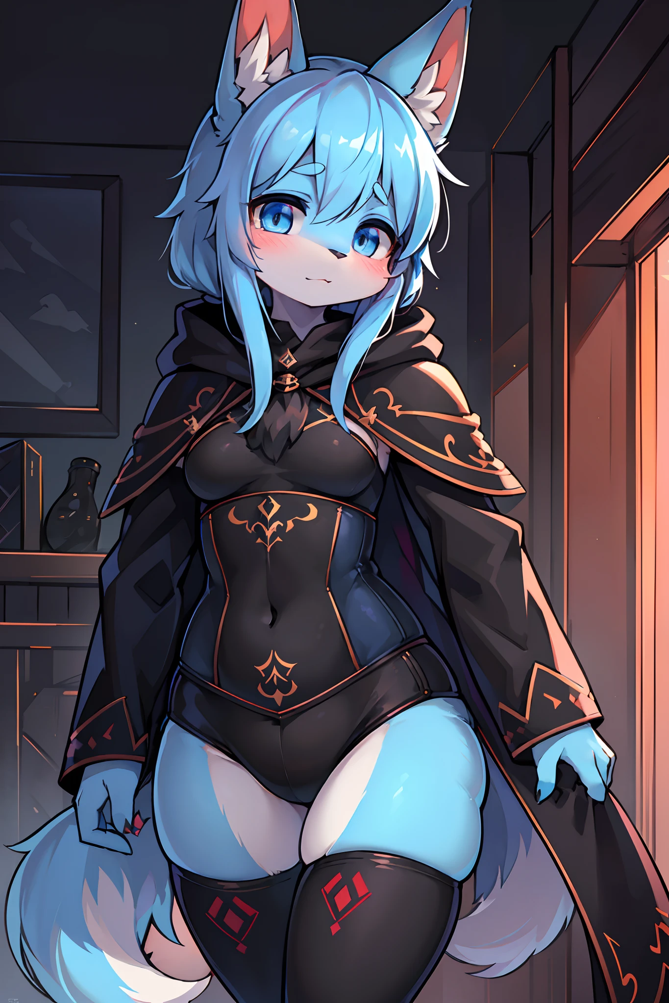 absurderes, Furry, Female furry, anthro, trending on artstationh, Uploaded on e621, A detailed portrait of a human woman, Extreme detail, Detailed fluffy fur, full bodyesbian, Blushing, Detailed eyes, (shaded), (Detailed lighting), (Cinematic lighting), (Masterpiece, hi,It's nothing, RAW photo, high resolution, High details, Best quality), High definition, (High sharpness:1.3), Rabbit ears, Rabbit tail, Navy blue fur, Long_Hair, side locks, Low Twin Tails, sky_Blue_Hair, Hair_between_Eyes, Pink_Colored_streaked_Eyes, (Black light armor embroidered in aqua blue:1.1), (Short black ripped cloak,Red light embroidery:1.2), High waist lateral chest,nakeness